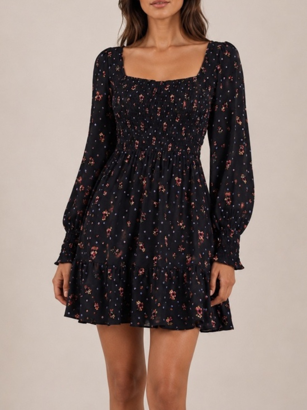 Free People Smocked Black Floral Celestial Star Skater Mini Dress